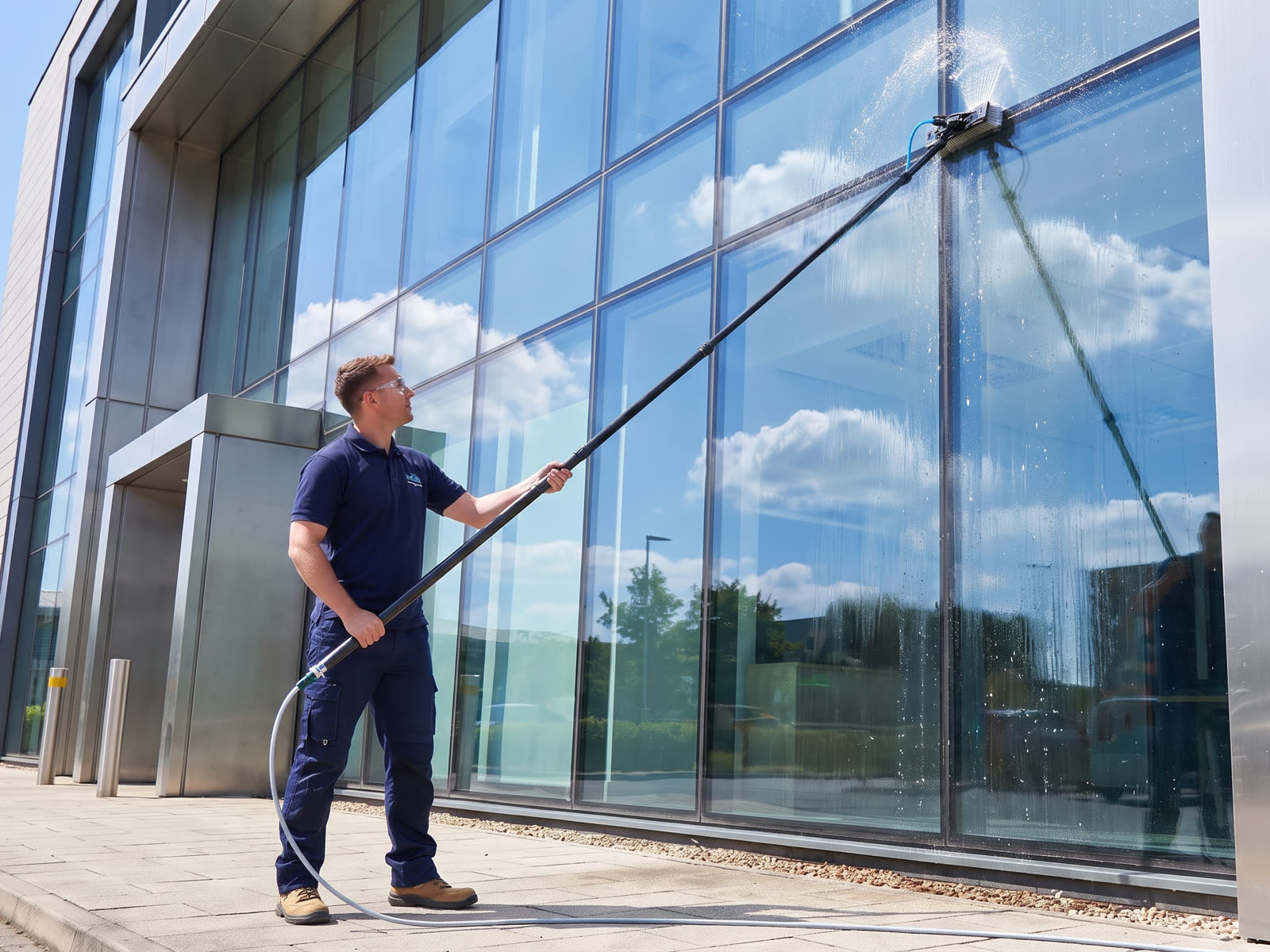 Glasreinigung mit Teleskopstange und Reinwasser-Technik an einer Bürofassade
